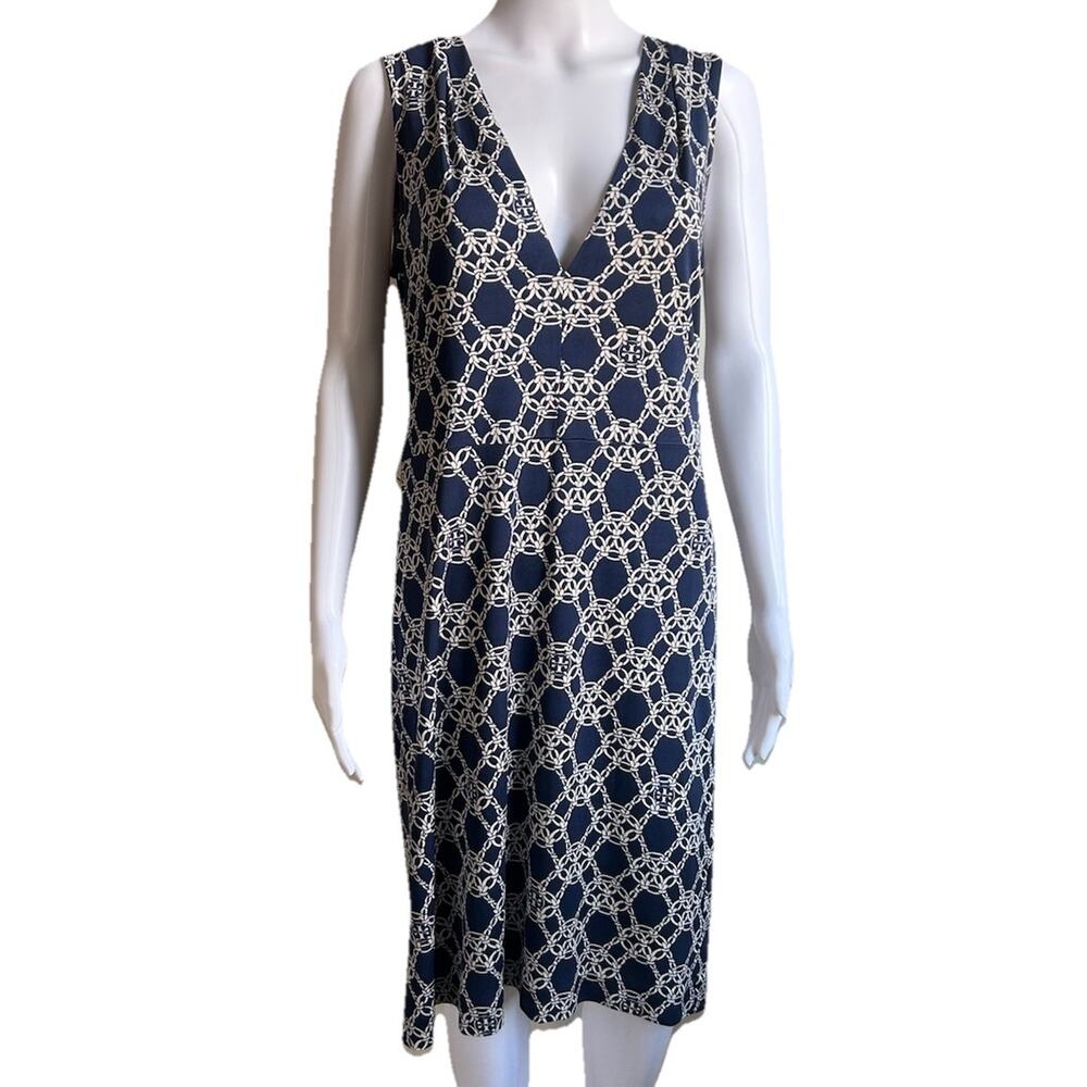 Tory Burch 100% Silk Shift Dress Womens M Blue Chain Link Sleeveless V Neck